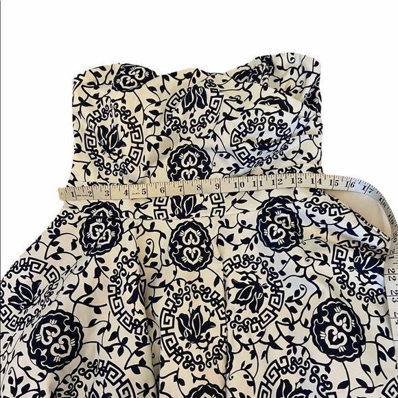 White & Navy Sateen Printed Strapless Party Dress - Picture 7 of 12